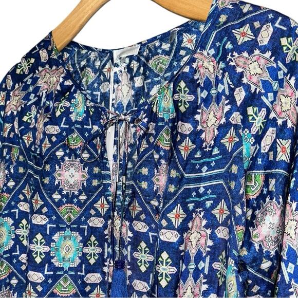 Ecru NWT Women’s S Cobalt Blue Weaver Kilim Silk Aztec Print Tassel Front Top - Picture 4 of 9